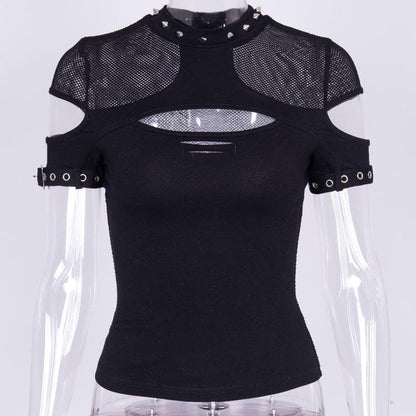 Fishnet patchwork hollow out short sleeve buckle cut out top