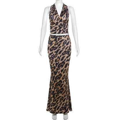 Leopard print halter ruched backless maxi skirt set-final-sale