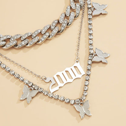 Layered butterfly decor rhinestone necklace