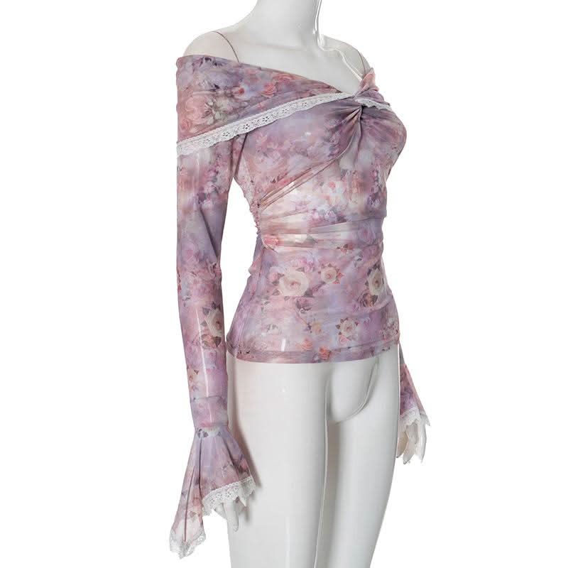 Off shoulder long sleeve flower print lace hem mesh top