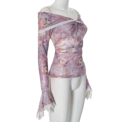 Off shoulder long sleeve flower print lace hem mesh top