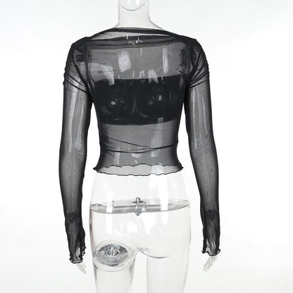 Long sleeve ruffle ruched mesh patchwork solid 2-way top