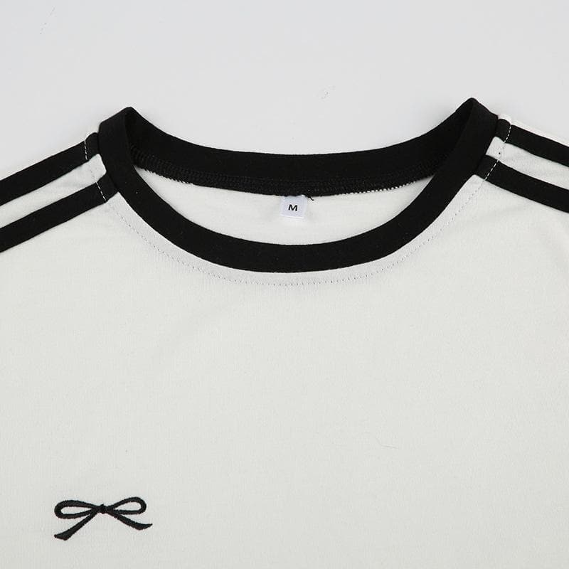 Short sleeve bowknot embroidery stitch top