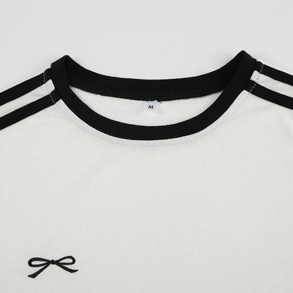 Short sleeve bowknot embroidery stitch top