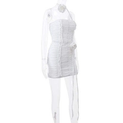 Ruffle flower applique ruched solid tube mini skirt set