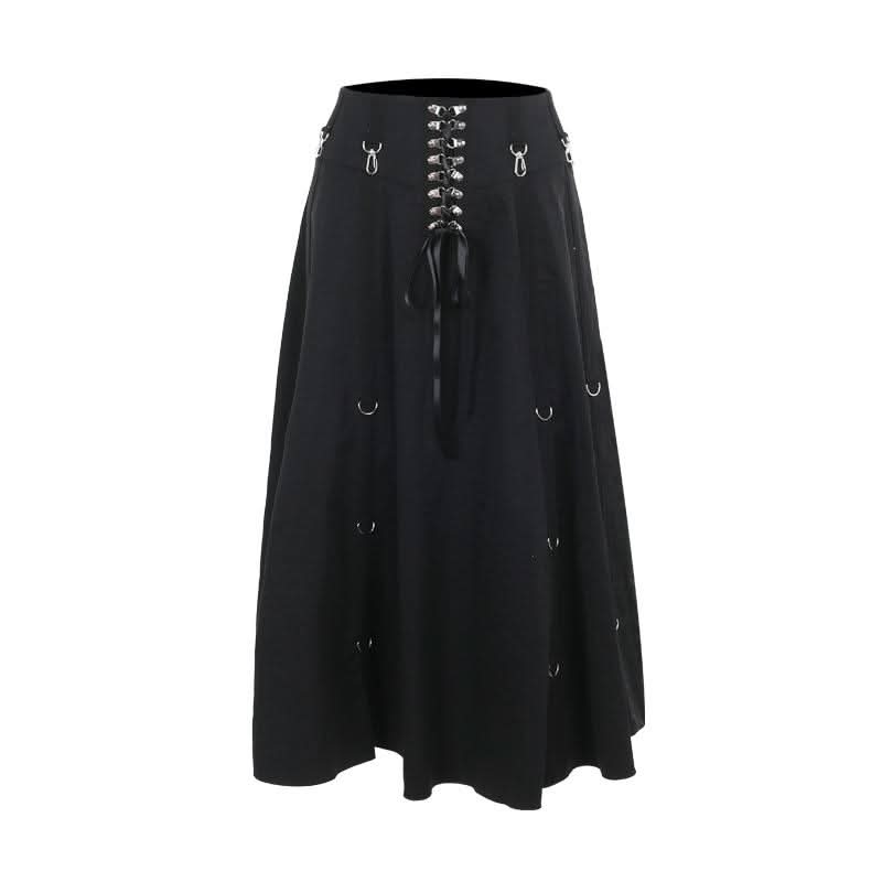 Lace up buckle ribbon zip-up ruffle solid midi skirt