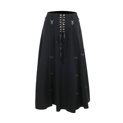 Lace up buckle ribbon zip-up ruffle solid midi skirt