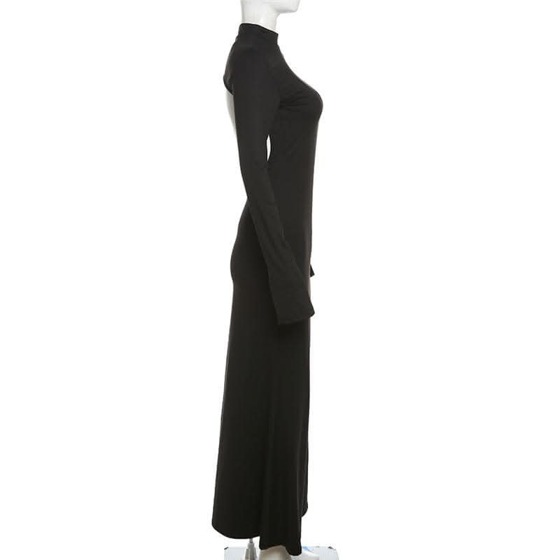 Backless high neck long sleeve solid maxi dress-final-sale