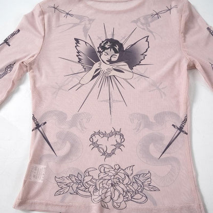 Long sleeve angel print sheer mesh crewneck top