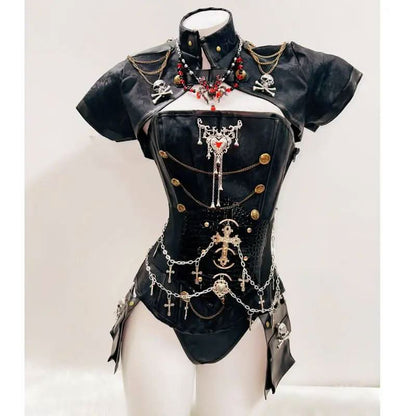 Short sleeve high metal chain skull 2 piece top