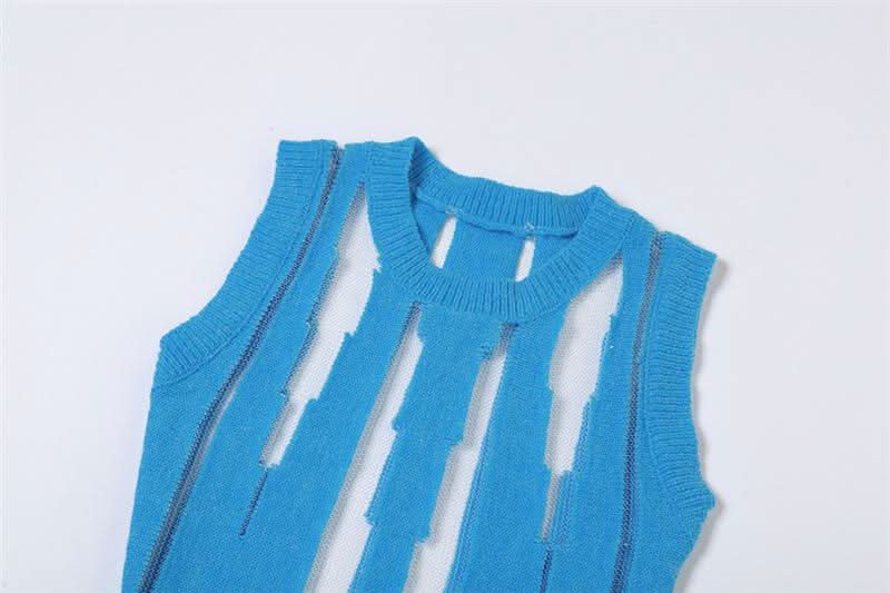 Crewneck knitted mesh patchwork mini dress