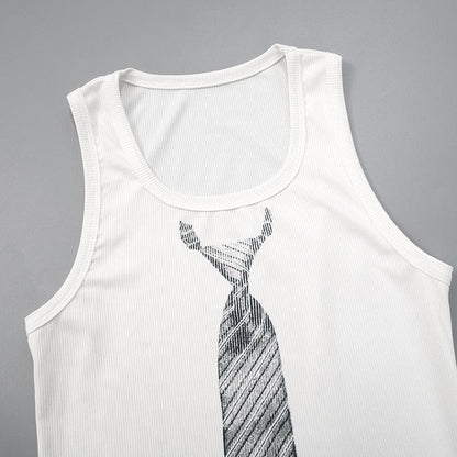 U neck necktie print ribbed contrast sleeveless top