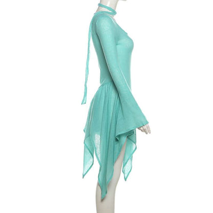 Long flared sleeve knitted ruffle mini dress