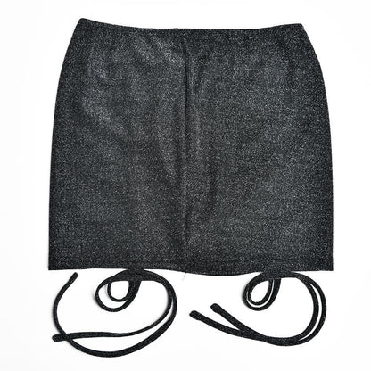 Drawstring textured backless solid bodysuit mini skirt set