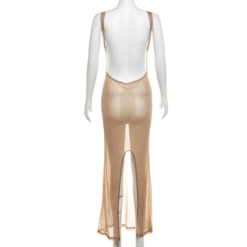 Glitter backless mesh slit maxi dress