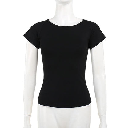 Short sleeve round neck print mesh top