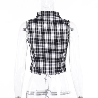 Plaid sleeveless lace up corset top