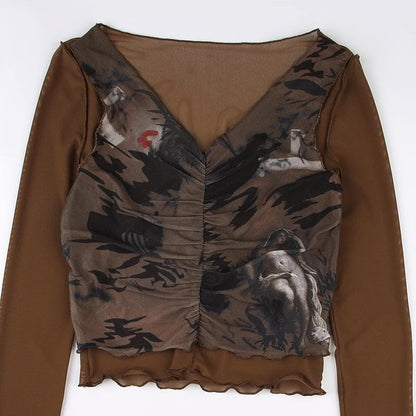 Long sleeve v neck ruched ruffle print sheer mesh stitch top