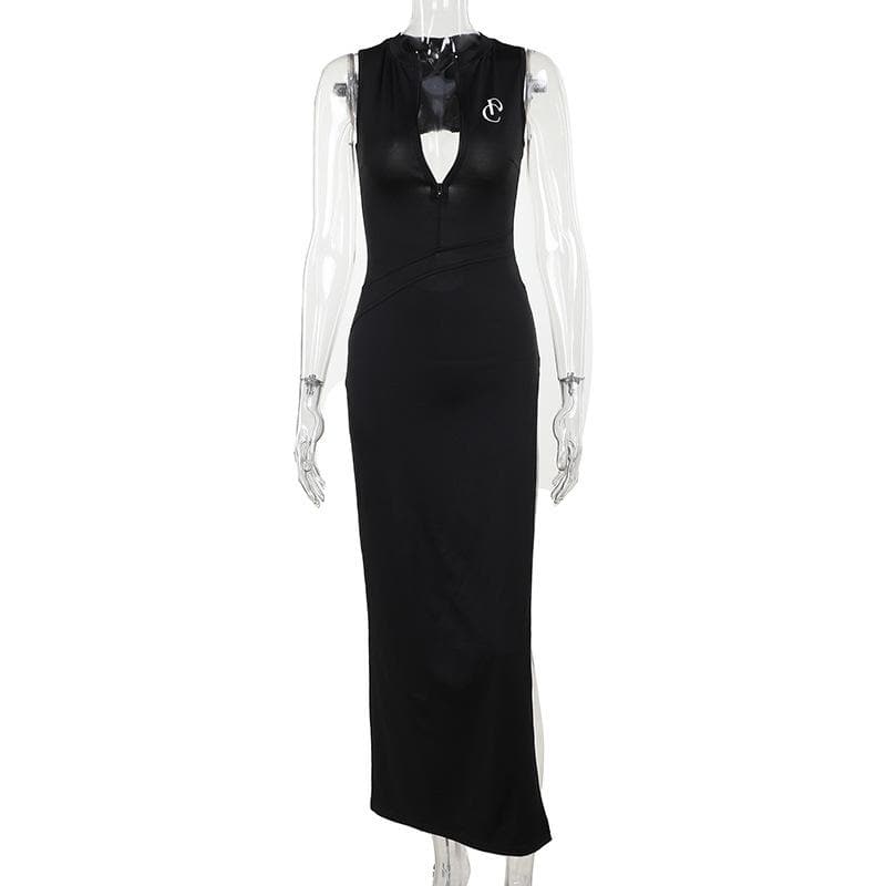 V neck print zip-up backless high slit tank maxi dress