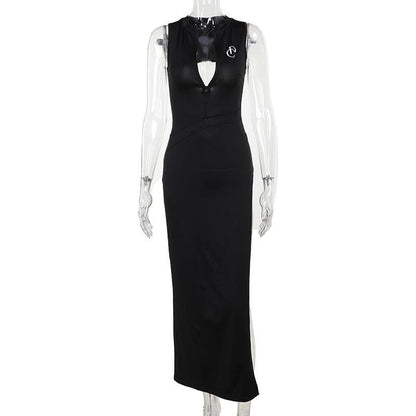 V neck print zip-up backless high slit tank maxi dress