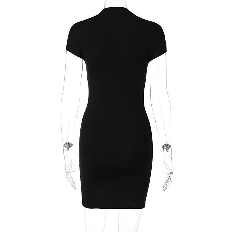 Short sleeve crewneck beaded high neck solid mini dress