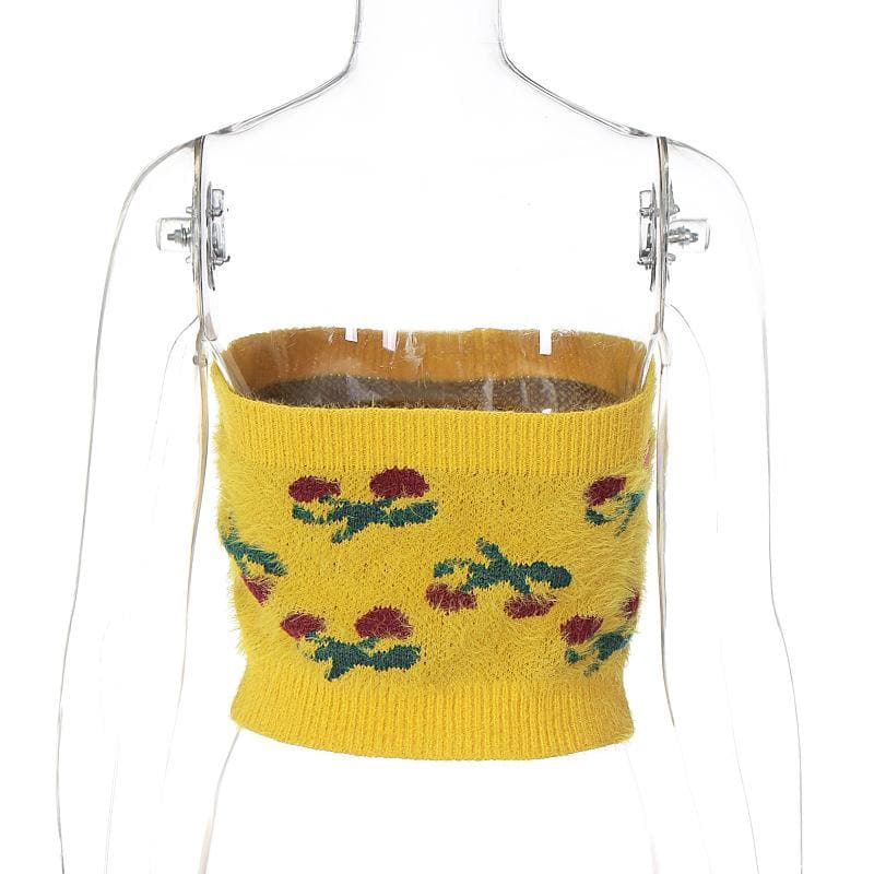 Knitted fluffy cherry print tube top