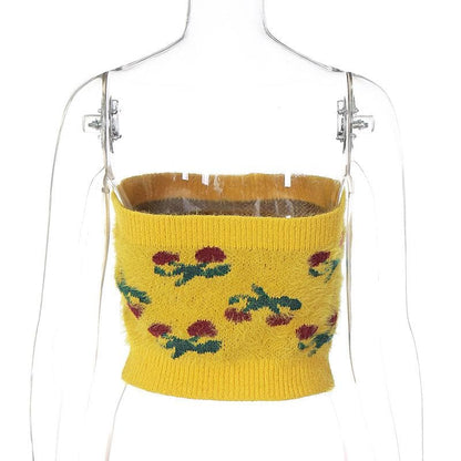 Knitted fluffy cherry print tube top