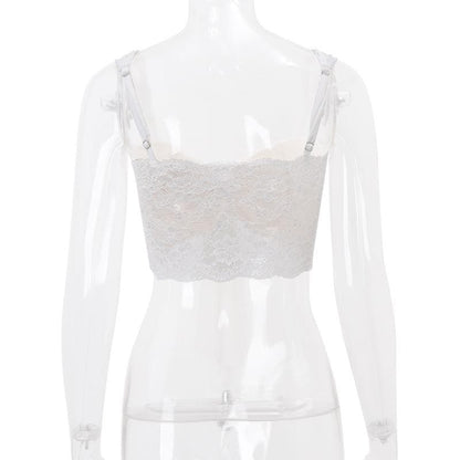 Lace mesh patchwork knotted crop cami top