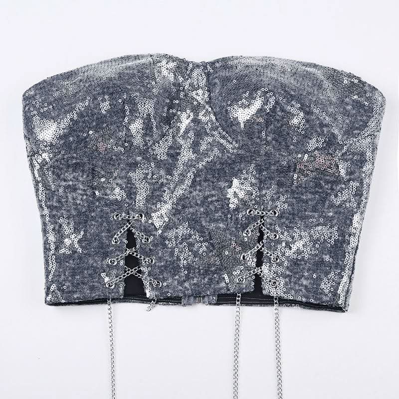 Glitter denim star pattern metal chain tube top