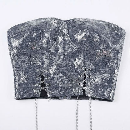 Glitter denim star pattern metal chain tube top