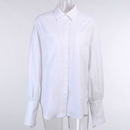 Long sleeve button turnover collar pocket solid top