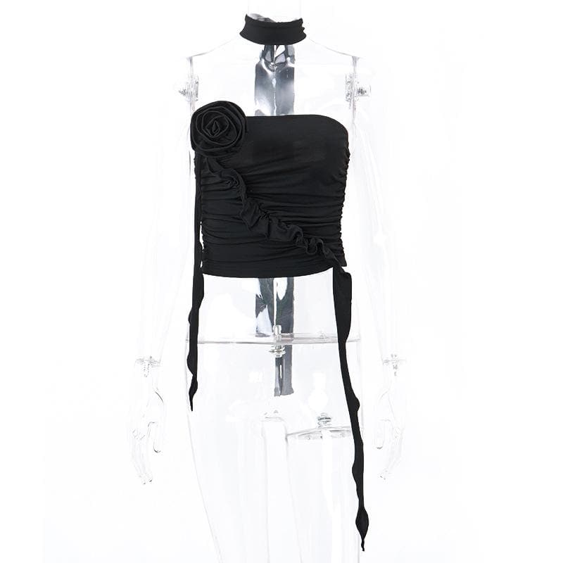 Flower applique solid halter ruched tube crop top