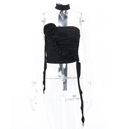 Flower applique solid halter ruched tube crop top