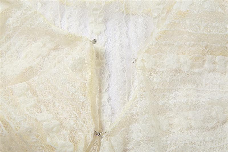 Lace see through flared sleeve v neck ruffle solid button crop top
