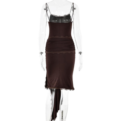 Lace hem irregular ruffle cami midi dress