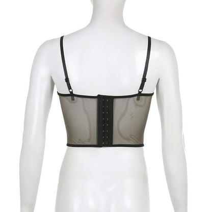 Mesh button lace hem backless bustier cami top
