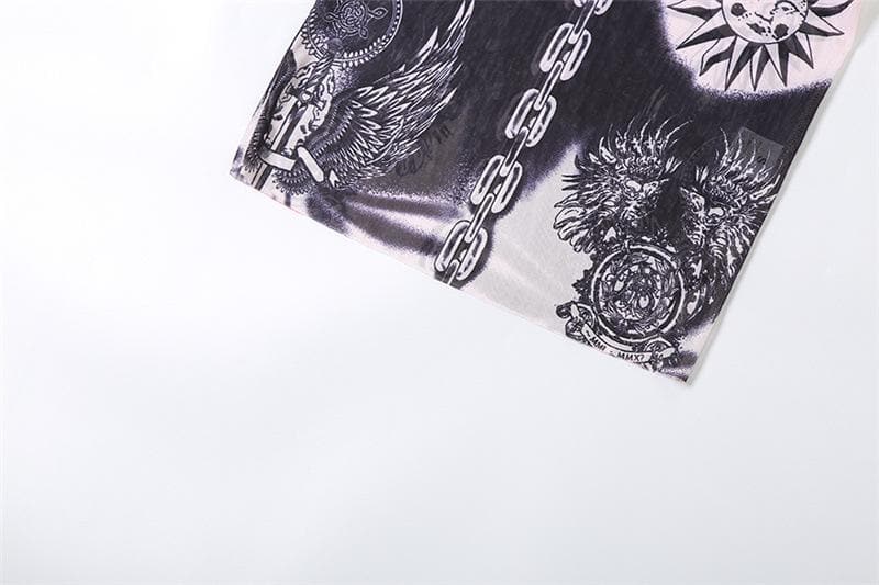 Sheer mesh abstract contrast see through long sleeve maxi dress