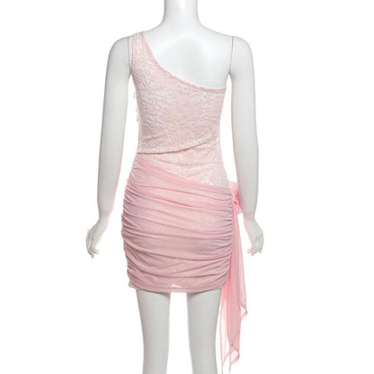 One shoulder lace mesh flower applique mini dress
