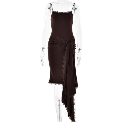 Lace hem irregular ruffle cami midi dress