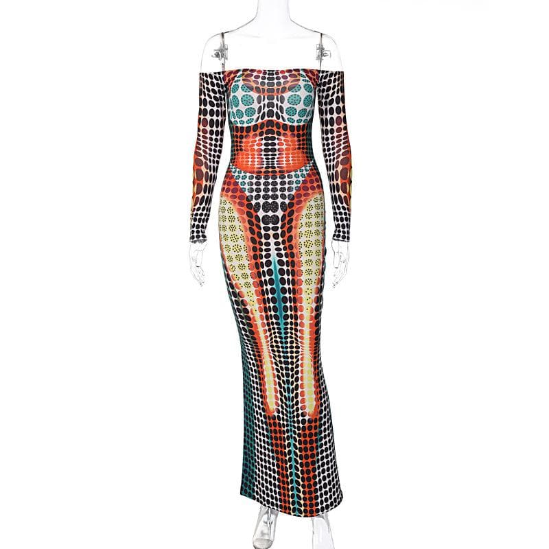 Off Shoulder Optical Illusion Dot Print Long Sleeve Bodycon Maxi Dress