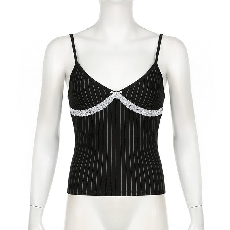 Bowknot lace hem striped v neck cami top