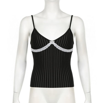 Bowknot lace hem striped v neck cami top