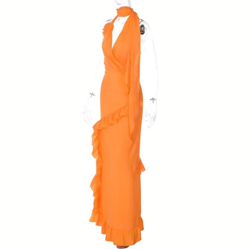 Halter v neck backless ruffle zip-up solid maxi dress-final-sale