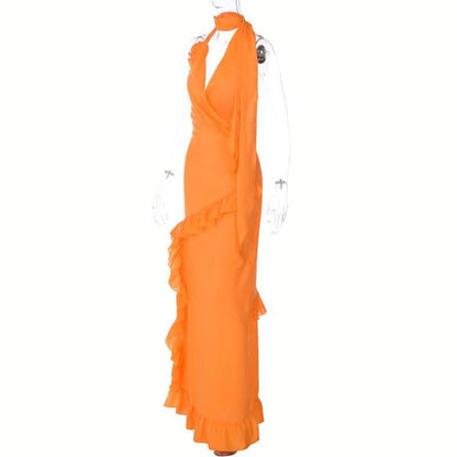 Halter v neck backless ruffle zip-up solid maxi dress-final-sale