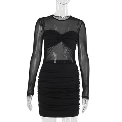Long sleeve mesh patchwork ruched mini dress