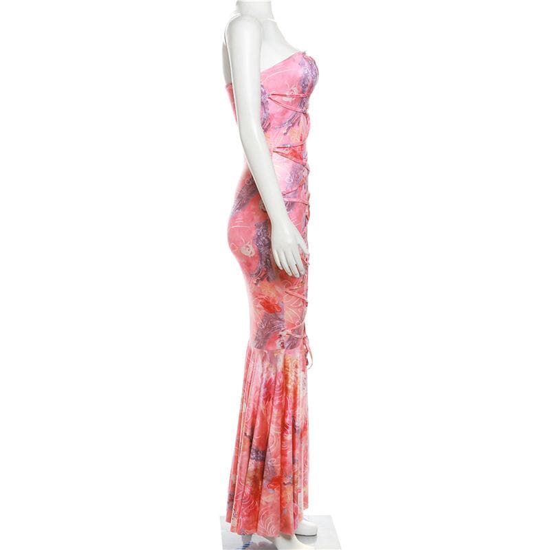 Lace up flower print contrast backless tube maxi dress