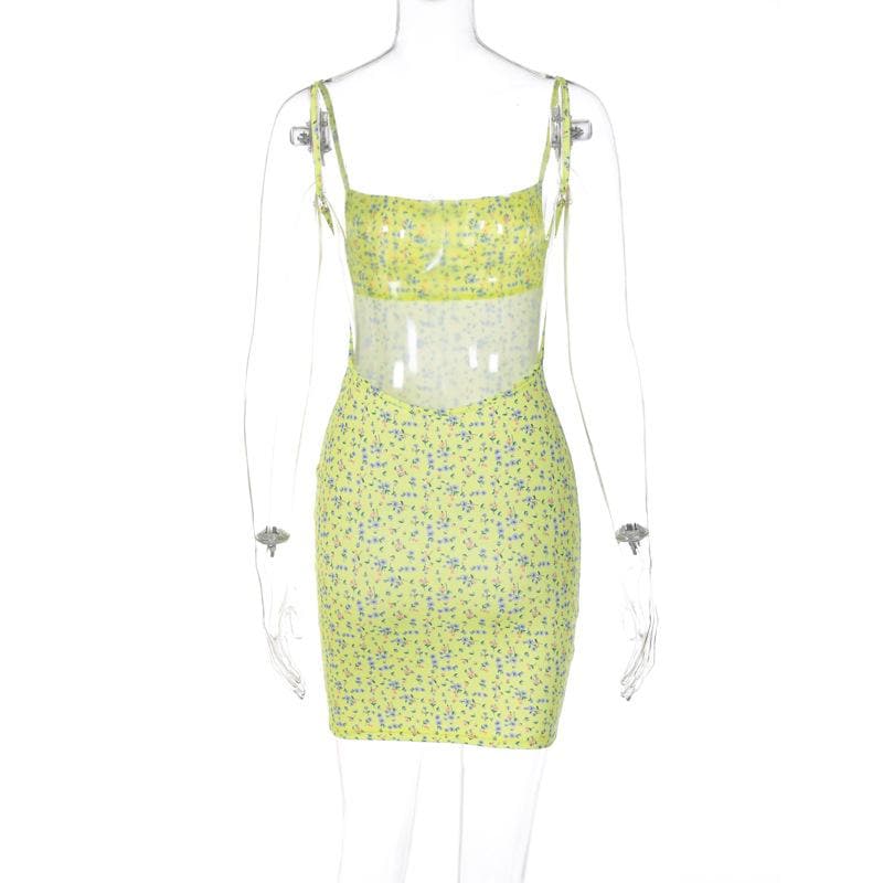 Ditsy Floral Print Spaghetti Strap Square Neck Bodycon Mini Dress