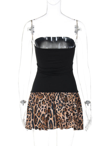 Leopard print patchwork tube mini dress