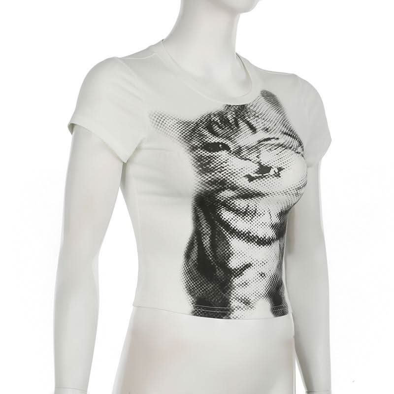 Short sleeve crewneck cat print top