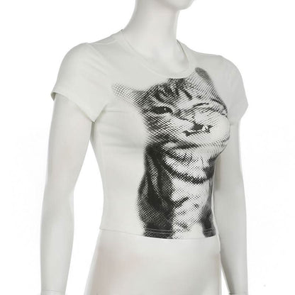 Short sleeve crewneck cat print top